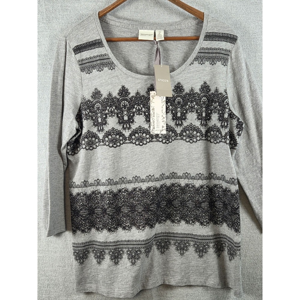 Chicos Zenergy Retreat Collection Womens 2 Printed‎ Lace Floral Shirt Gray NEW